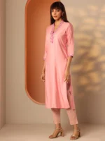 Peach Embroidered Silk Blend Straight Kurta - Image 2