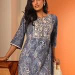 Blue Printed Silk Blend Straight Kurta