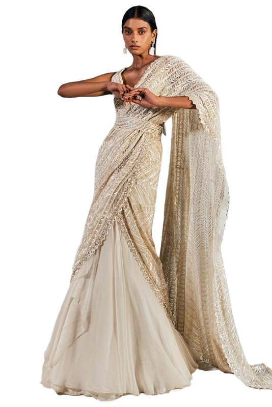 51eQdAuyDQL.jpg Women's frill ruffle ready to wear saree for wedding mehandi party diwali haldi reception navratra gift. - Image 1