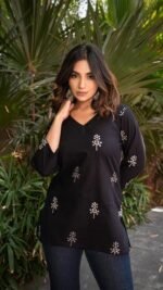 Floral Print Rayon Kurta for Women | Regular Fit Top | Stylish Top for Girls | Top for Office | Kurti for Women | Black | 1083 - Image 3
