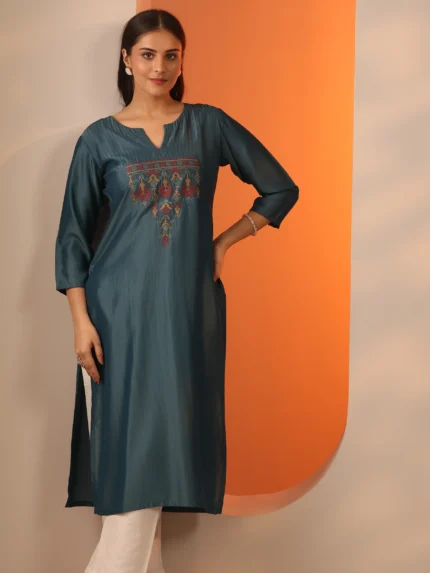 Grey Embroidered Silk Blend Straight Kurta