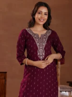 Maroon Woven Design Cotton Straight Kurta - Image 3