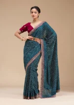 Teal Green Printed Soft Raw Silk Saree
