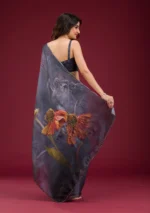 Navy Blue Printed Tissue Saree - Image 2