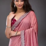 Peach Threadwork Raw Silk Saree
